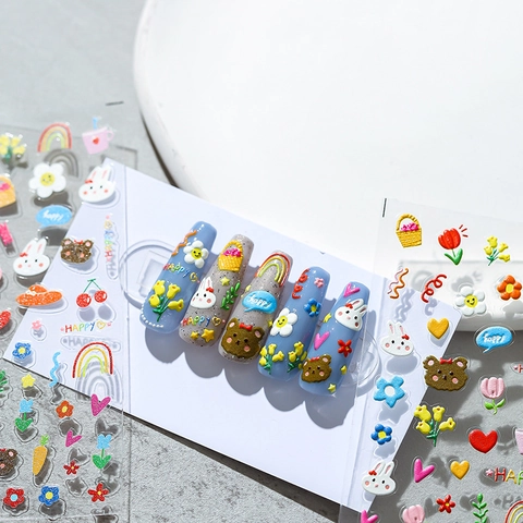 Autocollants Ongles Relief 3D Auto-Adhésifs Dessin Animé Ours Lapin Graffiti Décoration Manucure DIY