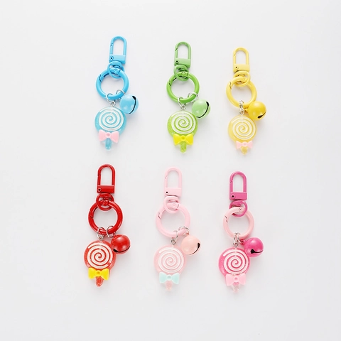 Cute Lollipop Keychain Creative Sweet Bag Pendant With Bell Swirl Pattern Resin Keyring Decorative Accessory For Women Kids Gift