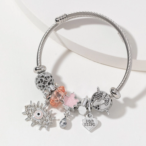 Edelstahl Böser Blick Charm Armband Für Damen Versilbert Strass Herz Stern Anhänger Perlen Armreif Mode Schmuck Geschenk