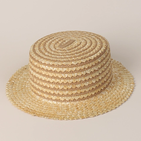 Boater Hat Natural Wheat Straw Wide Brim Sun Protection Summer Beach Fashion Flat Top Headwear For Women