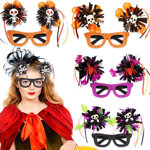 Halloween Party Decorative Glasses Frames Glitter Plastic Skeleton Spider Bat Tassel Pompom Novelty Costume Accessory