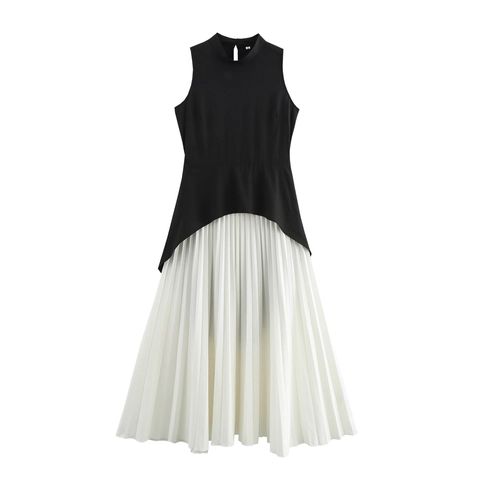 Women Elegant Sleeveless Maxi Dress Color Block Pleated High Waist Heart Neckline Faux Layered Polyester
