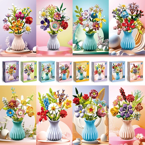 DIY Building Block Flower Bouquet Simulated Rose Lily Jasmine Flower Model With Vase Educational Toy Home Decor Gift For Teens Adults