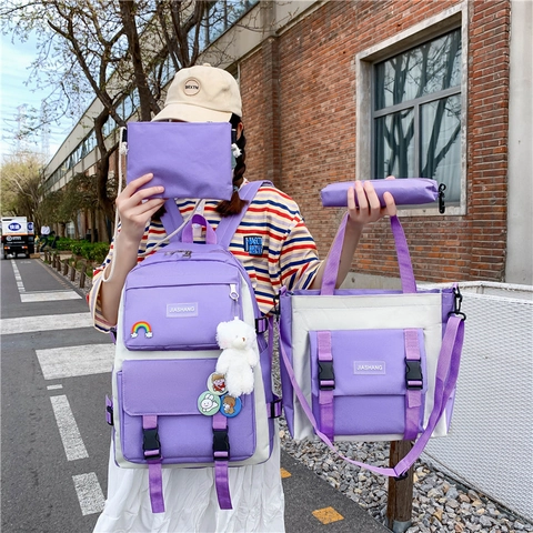 Student Backpack Tote Crossbody Bag And Pencil Case Oxford Cloth Multi Pocket College Travel Patchwork Cute Bear Keychain