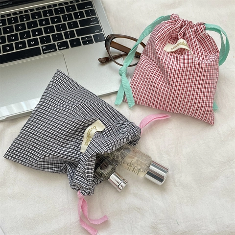 Gingham Checkered Drawstring Bag Fabric Pouch Portable Cosmetic Jewelry Travel Organizer Case Makeup Storage Pocket