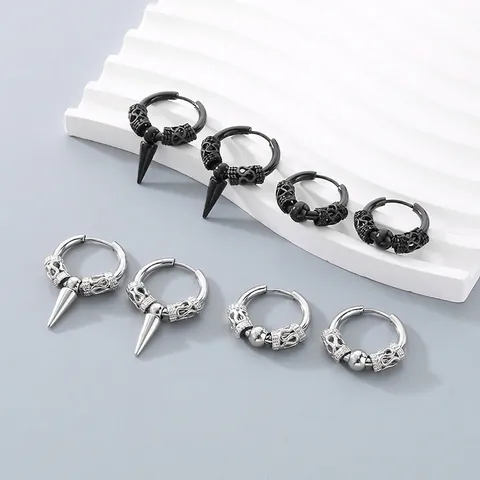 Stainless Steel Hoop Earrings With Cone Spike Pendant Round Bead Carved Texture Punk Hip Hop Jewelry For Men