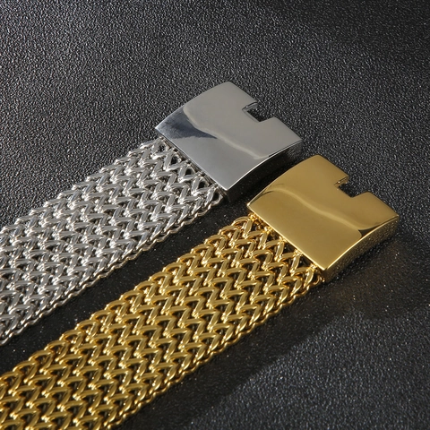 Men Wide Mesh Bracelet Titanium Steel Heavy Industrial Woven Chain With Push Buckle Gold Silver Tone Jewelry