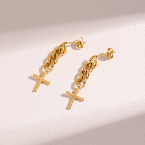Stainless Steel Cross Chain Dangle Earrings For Women Punk Gothic Long Tassel Stud Earring Jewelry Accessory