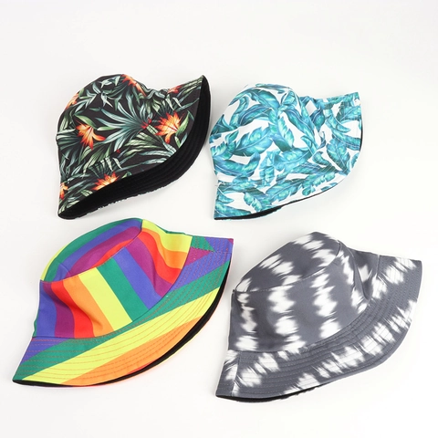 Reversible Bucket Hat For Men Women Cotton Polyester Double-Sided Wear Sun Protection Summer Rainbow Striped Floral Print
