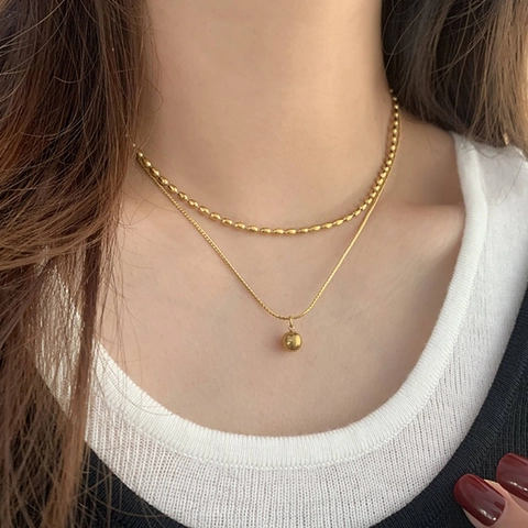 Double Layer Necklace Titanium Steel 18K Gold Plated Ball Pendant Oval Bead Chain Minimalist Jewelry For Women
