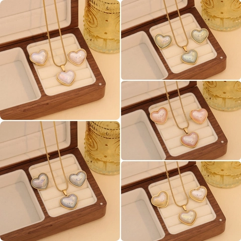Fashion Heart Pendant Necklace And Stud Earrings Stainless Steel Gold Plated Snake Chain Jewelry For Women Multi Color