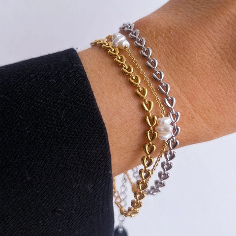 Simple Heart Linked Chain Necklace And Bracelet Titanium Stainless Steel Minimalist Non-Fading Jewelry For Women