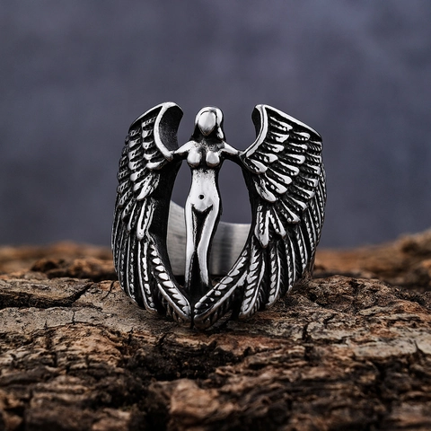 Anillo Dea Ala D'Angelo Vintage Acciaio Inossidabile 316L Gotico Venere Piuma Gioielli Per Uomini Donne