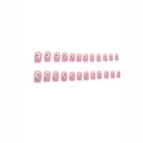Short Square Press On Nails Nude Pink White Floral Pattern Elegant Artificial Fake Fingernails DIY Manicure For Women