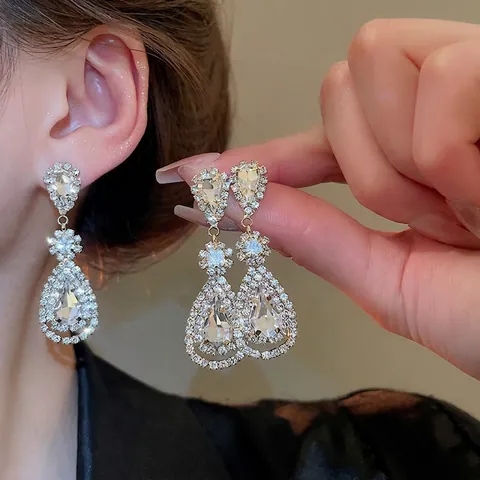 Orecchini Pendenti Goccia D'acqua Rame Strass Con Perno In Argento Vintage Lusso Elegante Gioielli Donna