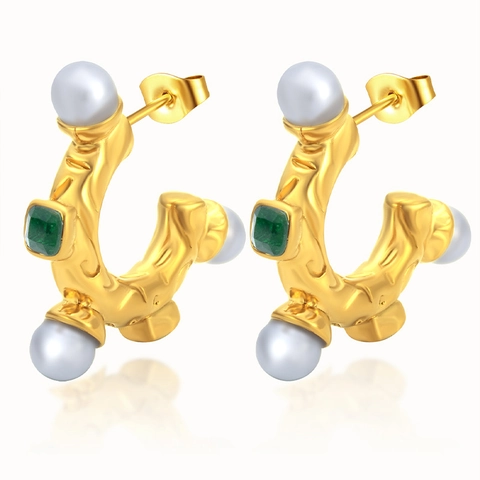 Pendientes De Aro Vintage En Forma De C De Acero Inoxidable Con Perla Artificial Y Gema Verde Baño De Oro 18 Quilates Estilo Retro