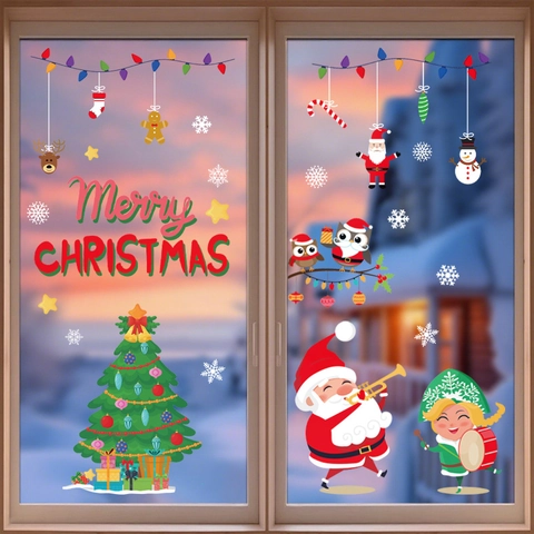 Christmas Window Stickers Static Cling PVC Santa Snowman Double Sided Holiday Decor For Glass Shop Home Decoration