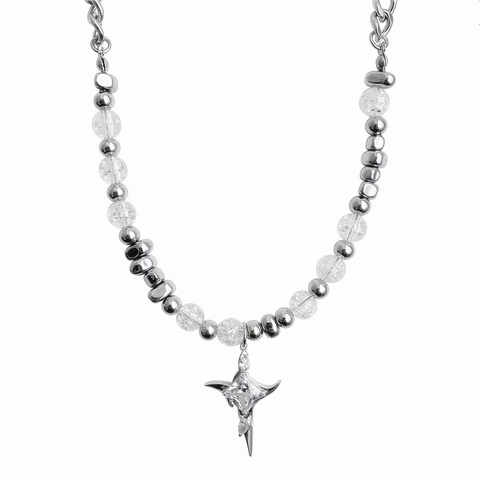 Cross Pendant Necklace Stainless Steel Alloy Beaded Chain Ice Crack Hematite Irregular Star Jewelry For Men Women