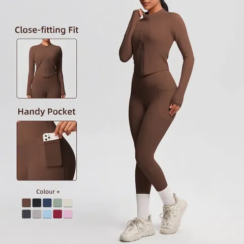 Damen Yoga Outfits Nacktes Gefühl Langarm Reißverschluss Jacke Und Hohe Taille Tasche Leggings Schlankmachende Sportbekleidung