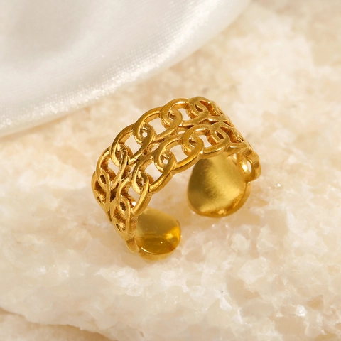 Anillo Cadena Doble Fila Acero Inoxidable Abierto Ajustable Hueco Geométrico Joyería Moda Para Mujeres