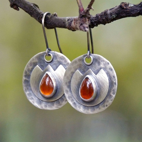 Vintage Drop Earrings Hammered Metal Water Drop Gemstone Plant Pattern Ethnic Bohemian Style Jewelry For Women