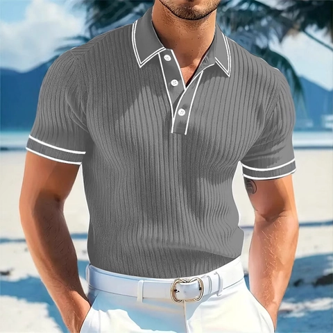 Polo Uomo Manica Corta Maglia A Costine Verticali Righe A Contrasto Risvolto Casual Spiaggia Vacanza Stile Business