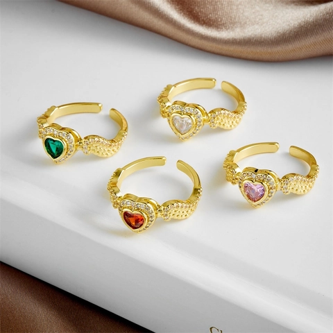 Anello Aperto Regolabile Rame Placcato Oro Vero Zirconia Cubica Colorata Cuore Mano Di Hamsa Gioielli Di Moda Donna