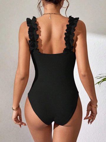 Women Bodysuit Ruffle Straps Ribbed Knit Square Neck Sleeveless Slim Fit Solid Color Summer Fashion