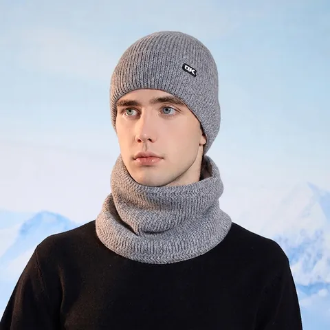 Winter Warm Beanie Hat And Scarf Men Fleece Lined Wool Blend Ribbed Knit Outdoor Windproof Ear Protection