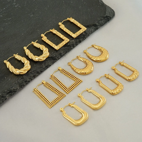 Créoles Rectangulaires En Forme De U Acier Inoxydable Plaqué Or 18K Texturé Perlé Martelé Corde Torsadée Style Rétro Femmes