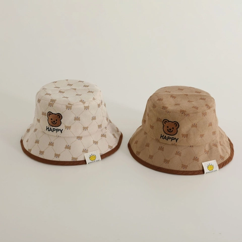 Toddler Kids Corduroy Bucket Hat Cartoon Bear Print Embroidery Wide Brim Fisherman Cap For Boys Girls Windproof Rope