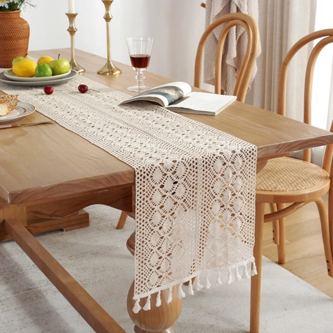 Chemin de Table Vintage au Crochet Beige Dentelle Ajourée Avec Glands Style Américain Mélange de Coton Décor de Table à Manger Mariage Fête