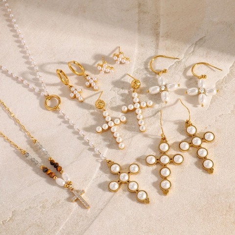 Gioielli Con Croce E Künstliche Perle Collana E Orecchini Per Donna Acciaio Inossidabile Accessori Moda Retro