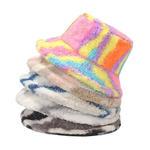 Bucket Hat Winter Warm Plush Thickened Colorful Gradient Stripe Polyester Faux Lamb Wool Casual Fashion For Women