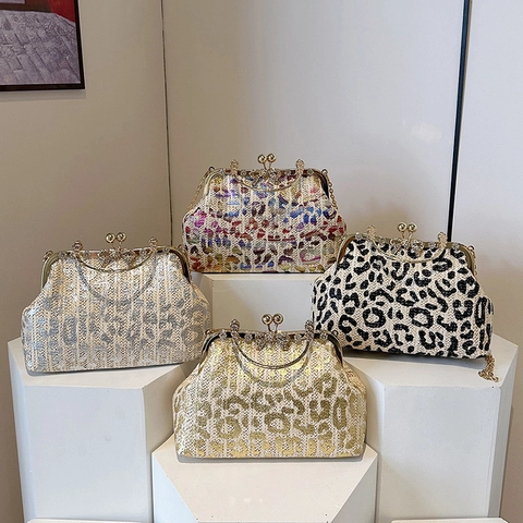 Vintage Stroh Geflochten Leopard Print Abendtasche Clutch Metallgriff Abnehmbarer Kettenriemen Strass Schmetterling Handtasche