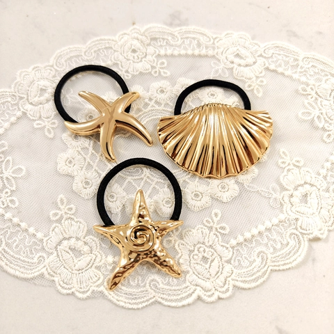 Metal Hair Ties And Clips For Women Gold Starfish Shell Flower Shape Geometric Minimalist Ponytail Holder Hair Accessories