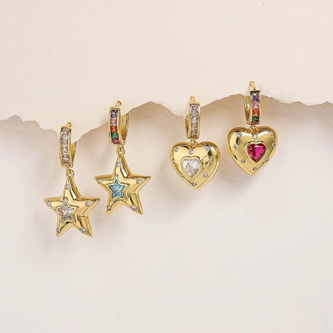 Heart Star Huggie Hoop Dangle Earrings Copper Gold Plated Colorful Cubic Zirconia Geometric Jewelry For Women