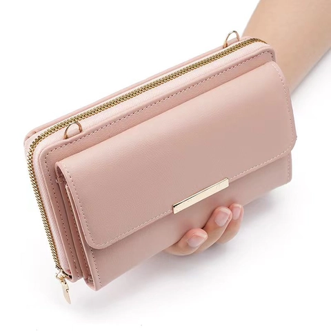 Sac Bandoulière Pour Téléphone Portable Femme Long Portefeuille En Cuir PU Double Fermeture Éclair Grande Capacité