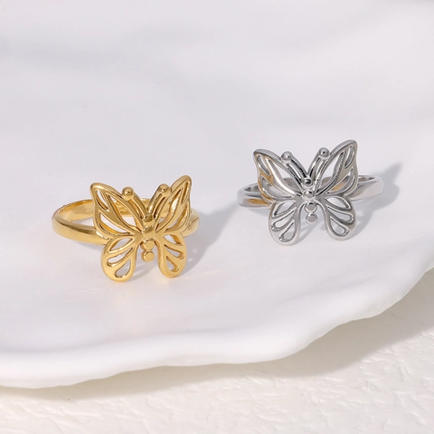 Hollow Butterfly Open Ring Stainless Steel 18K Gold Plated Adjustable Elegant Sweet Fashion Jewelry For Women