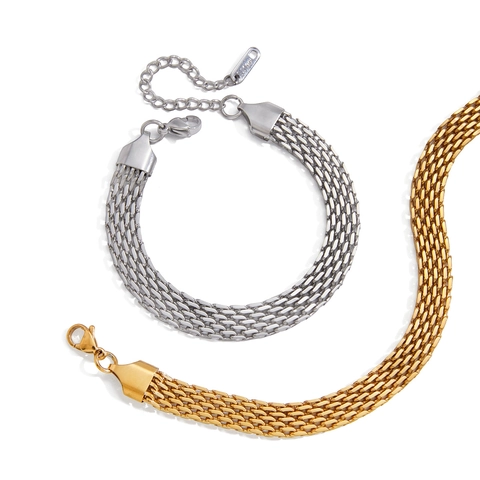 French Vintage Mesh Woven Bracelet 18K Gold Plated Stainless Steel Waterproof Flat Chain Niche Jewelry For Women