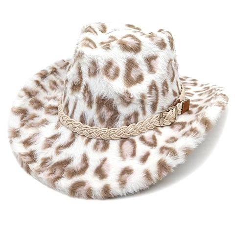 Cappello Da Cowboy Occidentale Con Stampa Leopardata Pelliccia Sintetica Caldo Tesa Larga Fedora Jazz Con Corda Intrecciata Per Donna Uomo
