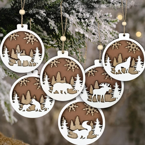Christmas Tree Ornaments Wooden Round Laser Cut Hollow Animal Nativity Scene Hanging Pendants Wood Craft Xmas Decoration