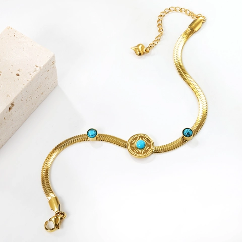 Bracciale Vintage in Acciaio Inossidabile Placcato Oro 18K Catena a Serpente Con Disco Solare Turchese e Ciondolo a Cuore Gioielli Donna