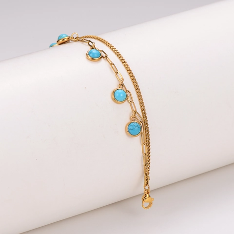 Bracelet Double Chaîne Plaqué Or Acier Inoxydable 304 Avec Perles De Turquoise Rondes Bijoux Bohèmes Pour Femmes