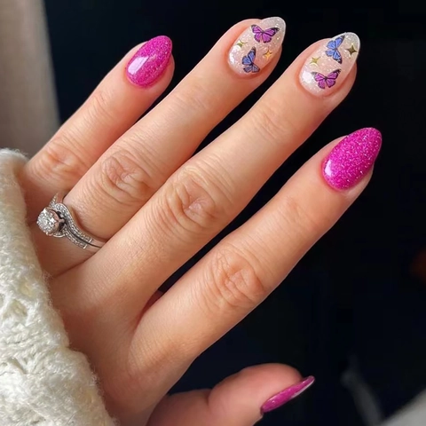 Ongles Pressés Motif Papillon Forme Amande Paillettes Brillant Rose Rouge Style Français Doux Faux Ongles Pour Femmes