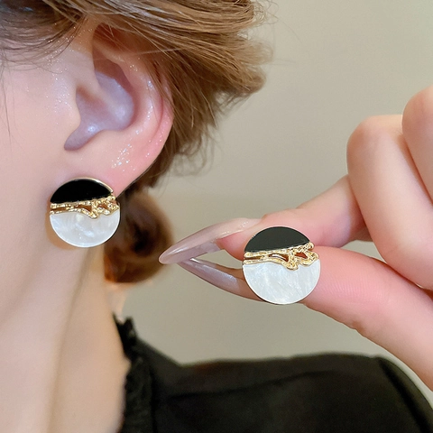 Pendientes Redondos Vintage Franceses Con Poste De Plata De Ley 925 Geométricos Color Block Resina Textura Mármol