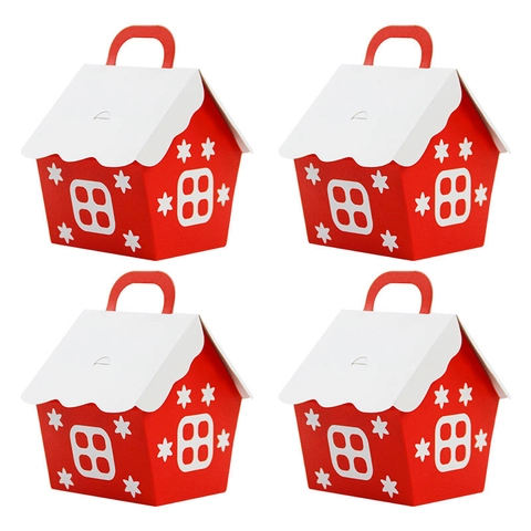 Christmas Red House Shape Candy Box European Style Cardboard Gift Packaging Box With Handle For Holiday Party Favors