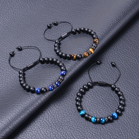 Tiger Eye Beaded Bracelet Matte Stone Copper Cubic Zirconia Braided Rope Adjustable Fashion Jewelry Gift For Men