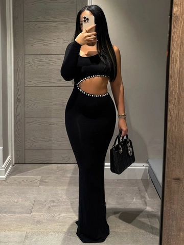 Black One Shoulder Single Long Sleeve Bodycon Maxi Dress With Artificial Pearl Rhinestone Trim Cut Out Waist Sexy Streetwear