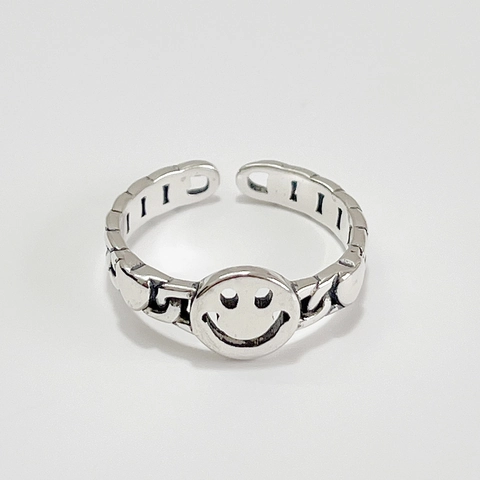 Anello Con Faccina Sorridente Cuore Argento Sterling 925 Catena Vintage Anello Aperto Regolabile Gioielli Moda Retro
